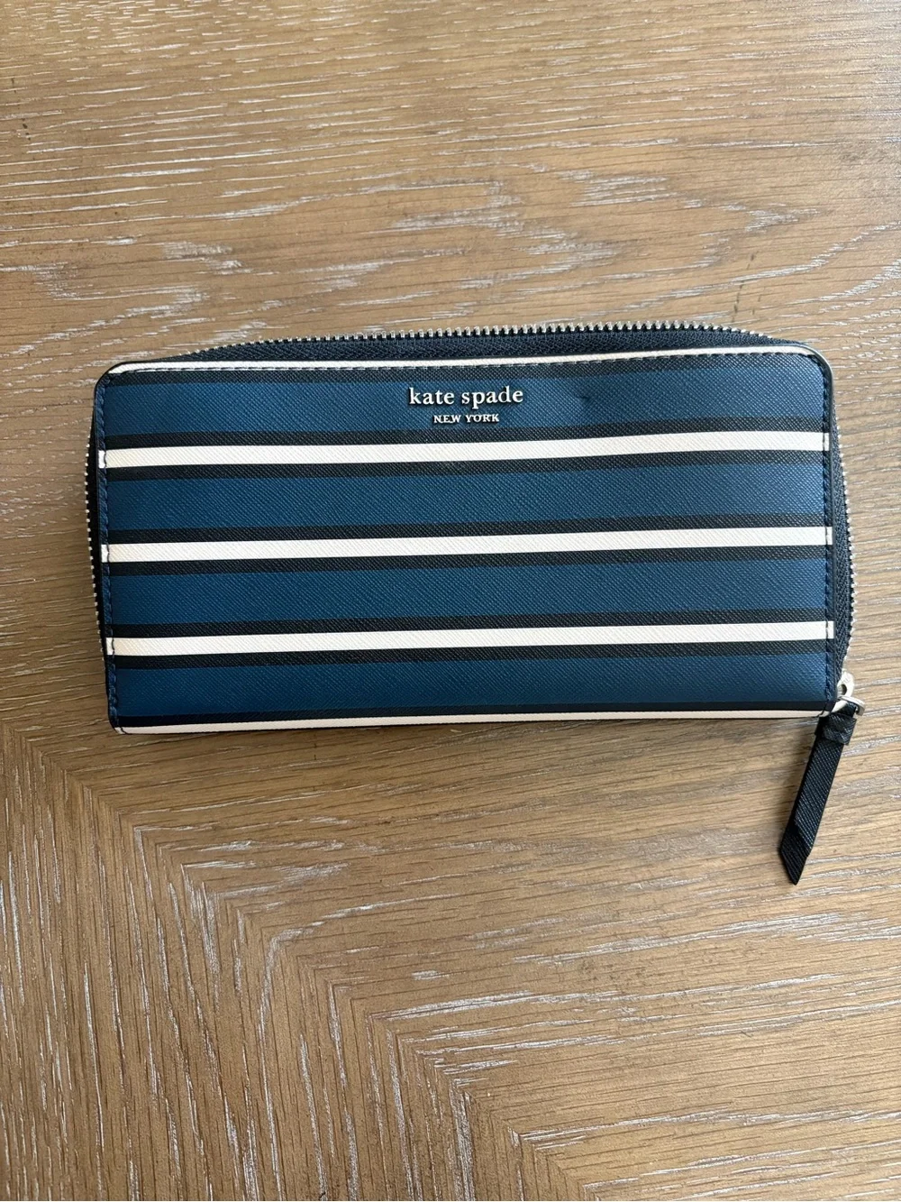 kate spade navy and cream striped zip-around wallet